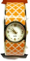 Orange Mother of Pearl Gold Tone Trim Hinged Cuff Watch Analog New Battery - $29.70