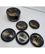 5 Piece Japanese Black &amp; Gold Lacquer Pagoda Coaster Set in Box - $16.00