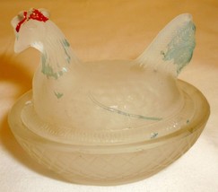 Vintage Miniature White Frosted Glass Chicken Hen On Nest Dish Trinket Dollhouse - £6.21 GBP