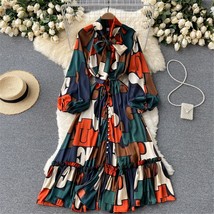 Printed loose dress autumn fashion bandage long sleeve pleated dresses vintage vestidos thumb200