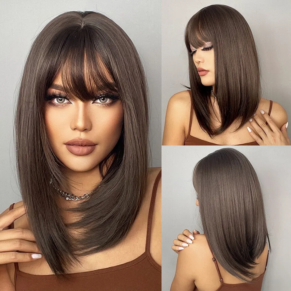 Brown Straight Wigs With Bangs For Black Women Shoulder Length Bob With Da - £10.65 GBP+