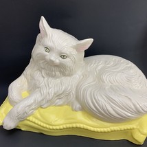 White Ceramic Persian Cat Statue Large Kitten Figurine Pillow Yellow Eye... - $34.95