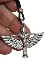 Winged Isis Necklace Pendant Mother of Magic Egyptian Goddess Bead Cord Pewter - £4.90 GBP