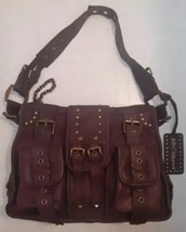 Vtg Betsey Johnson Brown Leather Heavy Metal Brass Studded Shoulder Bag - £61.20 GBP