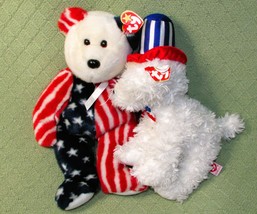 Ty B EAN Ie Buddies Lot First Dog Puppy &amp; Spangle Teddy Bear Usa Red White Blue - £9.06 GBP