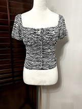 Elodie Womens Blouse Black Animal Print Zebra Short Sleeve Puff Stretch ... - $16.69