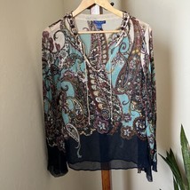 Tori Richard Womens Long Sleeve Top Blouse Shirt Beaded Silk Sheer Light... - $49.49