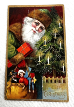 German Santa in Green Tree w Candles Dolls Puppet A Merry Christmas Postcard - £6.23 GBP