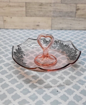 Vintage Pink Depression Glass Plate Silver Floral Overlay Tidbit Tray Heart - £22.58 GBP