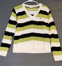 IZOD Sports LACOSTE Vtg VNeck Sweater White w/Green &amp; Black Stripe Sz XL... - £28.67 GBP