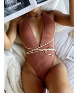 Solid Strapped Swimwear High Waist Swimsuit One Piece Swimsuit Backless Monokini - £29.89 GBP