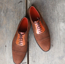 Handmade Men’s Leather &amp; Suede Lace Up Shoes, Men’s Brown Cap Toe Stylis... - £114.56 GBP+