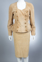Jitrois Tan Suede Lambskin Leather Military Skirt Suit Jacket sz 38 US 6... - £235.07 GBP