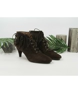 Maje Marron Brown Suede Kitten Heel Lace Up Fringe Ankle Boot Shoes Sz 36 6 - £62.53 GBP