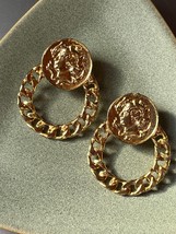 Vintage Large Faux Goldtone Coin w Curb Link Chain Open Bottom Post Earrings – - £10.46 GBP
