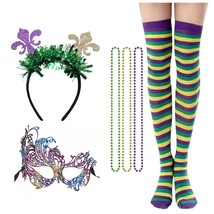 6 Pcs Mardi Gras Headband Lace Mask Beads Necklace Stockings Hair Hoops ... - $19.66