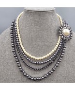 Layered Faux Pearl Necklace Offset Rhinestone Starburst Romantic Industrial - $557.69 MXN