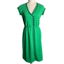 Vintage 80s Button Front Sheath Dress S Green Short Sleeve Unlined Elastic Waist - £36.68 GBP