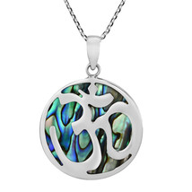 Sacred Aum or Om with Round Abalone Shell .925 Sterling Silver Necklace - £17.95 GBP