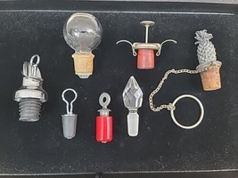 Lot of Vintage Bottle Stoppers 7 Pc. Glass Metal Pewter Wood Cork - £16.65 GBP