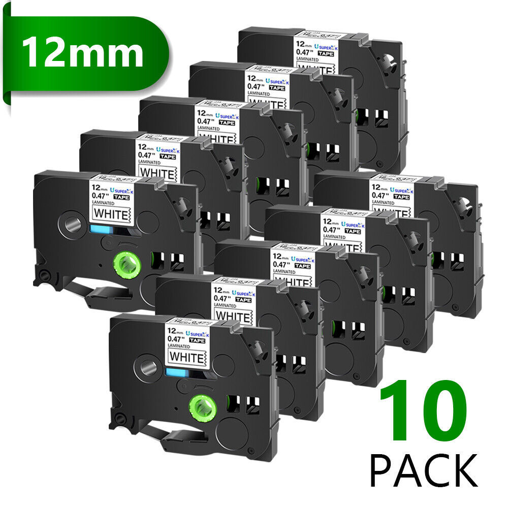 10Pk 12Mm Fits Brother Pt-H110 Label Maker Tze-231 Black On White Tape
