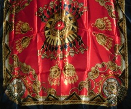 NEW Womens Silky Scarf Baroque Gold Medallion Design 35 inch red w/ silver ring - £8.00 GBP