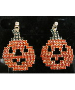 PUMPKIN JACK-O-LATERN PIERCED EARRINGS ORANGE RHINESTONES HALLOWEEN AUTUMN - $21.93 CAD