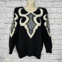 Vintage 80s Beaded Sweater White Black Size L Wool Blend Long Sleeve Holidays - £33.26 GBP