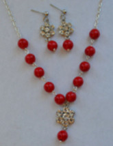 Handmade Natural 8mm Red Magnesite Stone With Cz Flower Necklace And Earring Set - £14.73 GBP