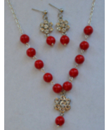 Handmade Natural 8mm Red Magnesite Stone With Cz Flower Necklace And Ear... - £14.54 GBP