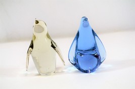 Art Glass Penguin Figurines Clear Blue Hand Blown 4&quot; Italian Style Paperweight - £30.92 GBP