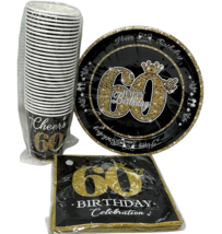 60th Birthday Party Supplies Serveware Decor Black & Gold 30 Plates Napkins Cups image 7