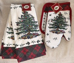 NEW Red Spode Christmas Tree 3 Kitchen Towels, Oven Mitt &amp; Potholder Hol... - £38.31 GBP