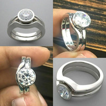 Solid 14K White Gold 2.00Ct Round Cut Diamond Wedding Ring Bezel Set in Size 7.5 - £254.77 GBP