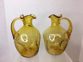 Pair Of Vintage Amber Hand Blown Crackle Glass Pitcher with Ruffled Edge... - £23.60 GBP