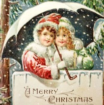 Merry Christmas 1909 Greeting Postcard Embossed Children Snowy Forest PC... - £19.63 GBP