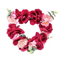 Heart Wreath 17 x 16 Red Pink Flowers Eucalyptus Red Ribbon Hanger - £10.95 GBP