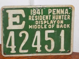 Vintage 1941 PA Resident Hunting Tin Embossed License E 42451 - $54.45