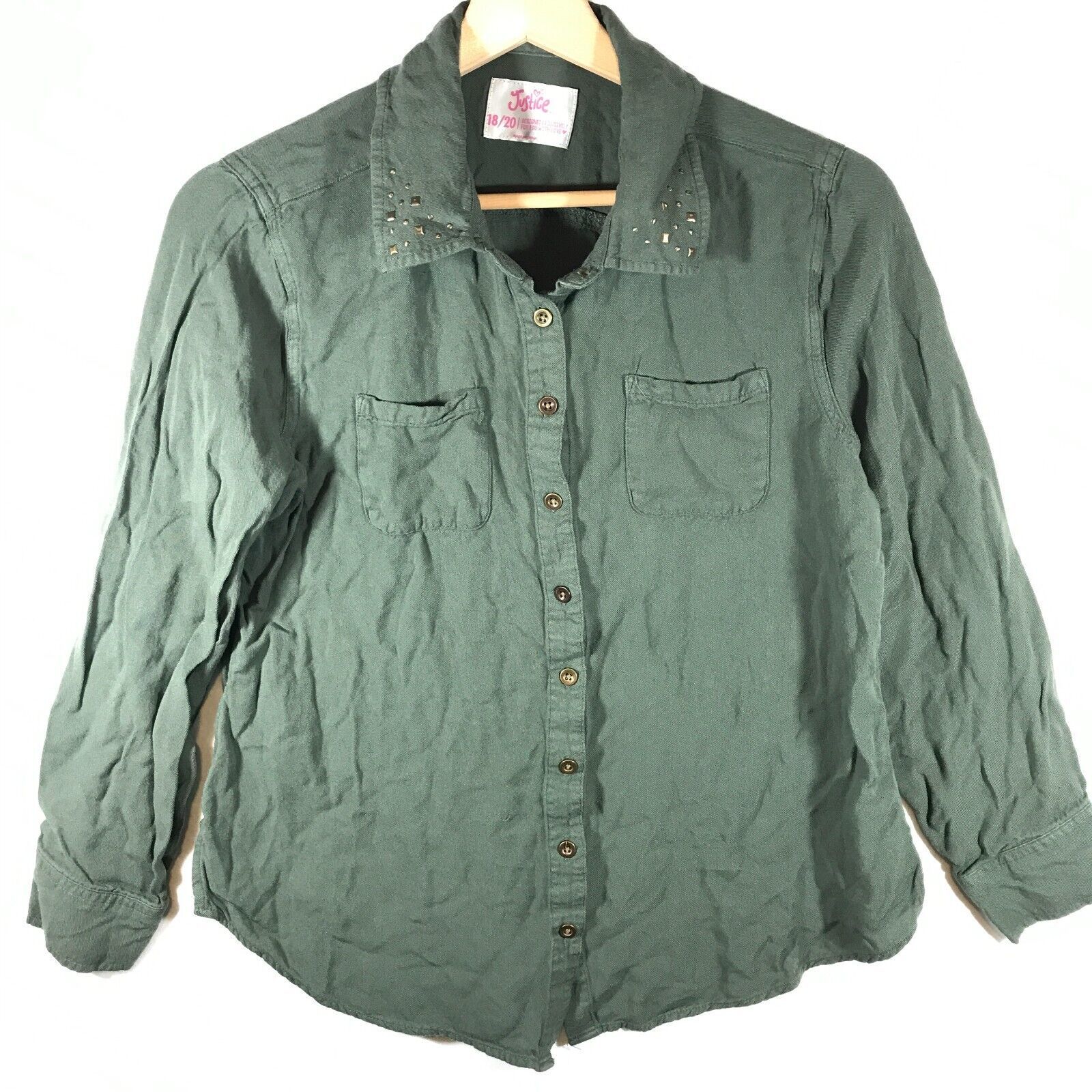 Justice Top Girl's 18/20 Green Studded Collar Button Up - $5.96