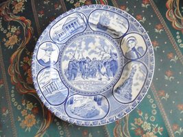 Old English Staffordshire blue ware souvenir plate, 10&quot;, Landing of Pilgrims[esq - £41.23 GBP