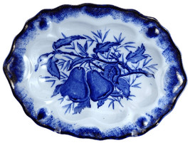 c1890 Clementson Bros Flow Blue Fruit Pattern Scalloped serving bowl. - $223.34