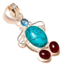 Turquoise, Blue Topaz, Red Garnet Gemstone 925 Silver Overlay Handmade Pendant - £9.50 GBP