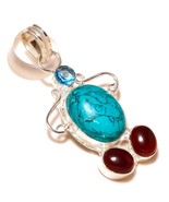 Turquoise, Blue Topaz, Red Garnet Gemstone 925 Silver Overlay Handmade P... - $11.99