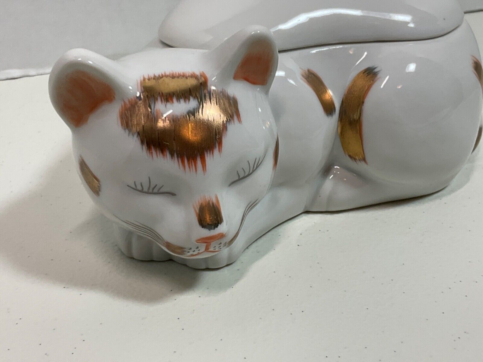 Vintage Andrea By Sadek Japan Porcelain Gilded Sleeping Cat Trinket Dish - $39.35