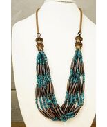 Vintage Ethnic Jewelry Chunky Teal Brown Wood Beads Hippie Boho Necklace... - $24.74