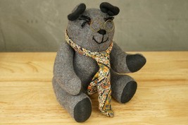 Vintage Artisan Teddy Bear Gray Tweed Wool Hand Crafted Floral Tie Glasses 8&quot; - £23.15 GBP