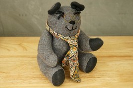 Vintage Artisan Teddy Bear Gray Tweed Wool Hand Crafted Floral Tie Glass... - $29.44