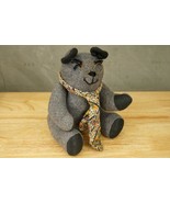 Vintage Artisan Teddy Bear Gray Tweed Wool Hand Crafted Floral Tie Glass... - £23.26 GBP