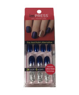 NEW Kiss Nails Impress Press On Manicure Short Gel Oval Dark Blue Silver - $16.48 CAD