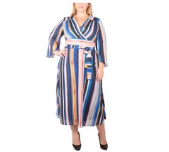 NY Collection Womens Plus 1X Multicolor Striped Belted Wrap Maxi Dress NWT BB30 - £23.14 GBP